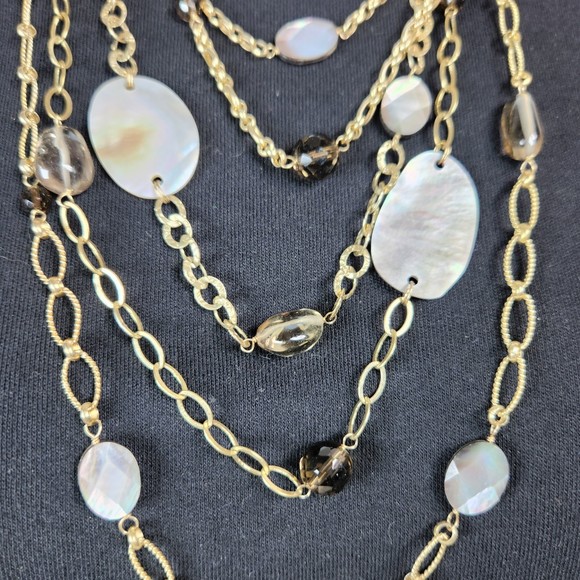 Multi Layer Chain & Mother of Pearl Necklace Toggle 925 Clasp 26 in. Gold Tone - Picture 4 of 8